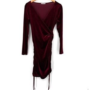 Velvet Burgundy Bodycon Dress M Ruched Wrap Dark Coquette Romantic Vamp Gothic‎